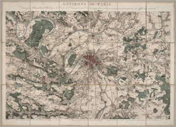 Mapa papierowa, składana, kolorowa. U góry widoczny napis: Environs de Paris.
