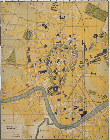 Mapa papierowa, składana, kolorowa. W lewym dolnym rogu legenda i napis: Plan Miasta Krakowa