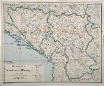Mapa papierowa, składana, kolorowa. W lewym dolnym rogu legenda i napis: Übersichts – Karte Serbien, Bosnien und Montenegro