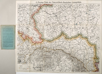 Mapa papierowa, składana. mapa przedstawia pogranicze austro-węgiersko-rosyjsko-niemieckie z początku XX w. U góry mapy widoczny napis: G. Freytags Karte der Österreichisch-Russischen Grenzgebiete