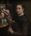 Sofonisba Anguissola. Autoportret przy sztalugach. Lico obrazu przedstawiające kobietę przy sztaludze.
