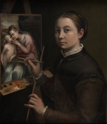 Sofonisba Anguissola. Autoportret przy sztalugach. Lico obrazu przedstawiające kobietę przy sztaludze.
