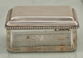 Prostokątny pojemnik ze szkła kryształowego z płaską srebrną pokrywą. Ujęcie strony szerszej.