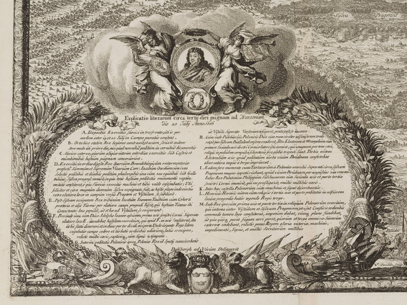 zbliżenie na fragment grafiki - owalny kartusz z objaśniającą legendą i wizerunek króla Karola Gustawa po lewej stronie grafiki