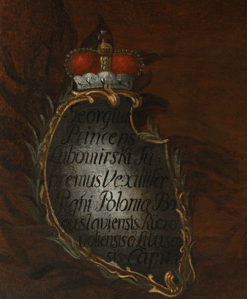 fragment lica obrazu (lewy dolny róg) - napis na barokowym kartuszu: 
