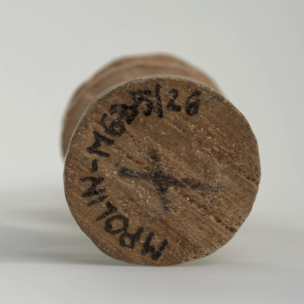 Ujęcie na spód obiektu. Okrągła podstawa gońca. Ponieważ był on rzeźbiony ręcznie krawędź nie jest idealnie równa. Pośrodku widoczny czarny 