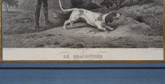 lico, fragment - pod ryciną podpisy z odbitki oraz tytuł majuskułami: LE BRACONNIER; niebieskie passe partout z nakładanymi listwami, czarną i złotą