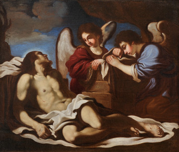 Na tle nocnego nieba leżące na pierwszym planie, na białym całunie ciało Chrystusa. Za nim widoczne do połowy figury postacie dwóch opłakujących go skrzydlatych aniołów.
