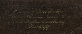 fragment lica obrazu - napis kursywą białą farbą: Andrzej Batory Kardynał Biskup Warmiński potem Xiąże Siedmiogrodzki zamordowany w roku 1599.