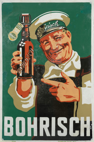 tablica reklamowa - ujęcie z przodu; Barwna emaliowana tablica reklamująca szczeciński browar 