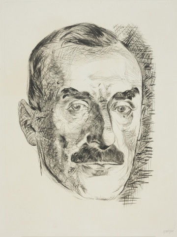 Ujęcie z przodu. Portret pisarza Tomasza Manna ujęty w formie samej głowy zwróconej nieznacznie w lewo.