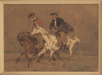 portret konny - ujęcie z przodu; Obraz przedstawia dwie konne postaci w galopie. Tło ciemno-sepiowe, konie - pierwszy (wysunięty naprzód) - gniady, drugi siwek. Pierwszy mężczyzna ubrany w czerwoną marynarkę, drugi natomiast w ciemnoszarą. Obaj mają na głowach dżokejki. Pierwszy koń jest niższy od drugiego. Obraz rysowany, później kolorowany.