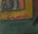 Portret dziewczynki - detal; ujęcie fragmentu obrazu w bardzo dużym powiekszaniu po lewej stronie głowy namalowanej postaci. Na nim podpis autora.