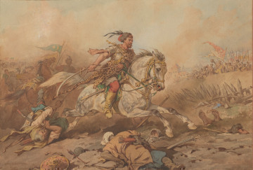 scena batalistyczna - ujęcie z przodu; Obraz przedstawia pędzącego na koniu rycerza ciągnącego na arkanie człowieka. W głębi po lewej koń osiodłany, mężczyzna z uniesioną szablą, rozwinięta turecka chorągiew, zarysy wojska. Po prawej za palisadą z drzewa i fosą ziemną wojsko, biało-czerwona rozwinięta chorągiew. W głębi zarysy budowli. Na pierwszym planie, pośrodku obrazu, poniżej pędzącego na koniu rycerza postać leżąca na ziemi, ze strzałami w kołczanie i mieczem w wykręconej ręce, obok po lewej tarcza. Po prawej, poniżej palisady, sterczą z ziemi gołe stopy. Koloryt jasny: przewaga tonów piaskowych. Koń siwy, Morsztyn w zbroi, na niej skóra tygrysia. Spodnie czerwone, jasnożółtawe wysokie buty.