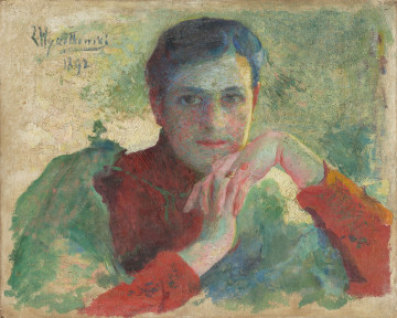 portret kobiecy - ujęcie z przodu; Portret młodej kobiety ujęty w popiersiu; ujęty en face wypełnia cały obraz; głowa lekko wsparta na rękach; koloryt: ostra zieleń, czerwień, błękit i brązy.