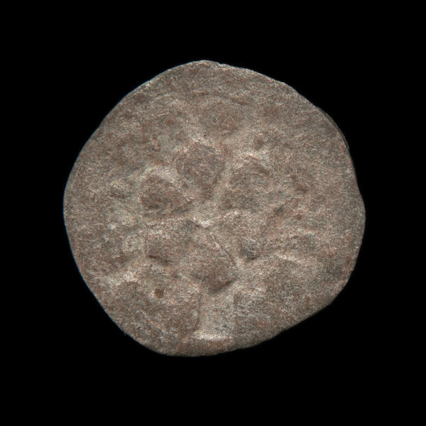 skarb monet - Ujęcie jednej z monet ze skarbu. Skarb 2588 monet, głównie denarów pomorskich, ukryty w naczyniu glinianym po 1405-1410 roku.