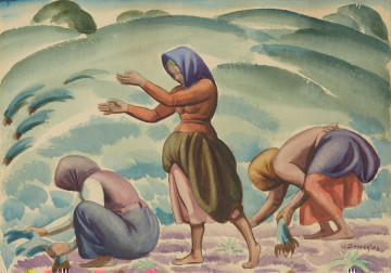 scena rodzajowa - ujęcie z przodu; Na pierwszym planie trzy kobiety: pierwsza, od lewej, przykucnięta, trzyma w wyciągniętych rękach rośliny. Druga, pośrodku kompozycji, stoi zwrócona w lewo, z uniesionymi w górę rękoma. Po prawej stronie trzecia - nachylona ku ziemi. Poza nimi, wznoszące się ku górnej krawędzi kompozycji, zbocze pagórka. Koloryt: chłodna, niebieskawa zieleń pagórka, przygaszony fiolet ziemi na pierwszym planie. Kobieta po lewej w niebieskiej spódnicy, fioletowym kaftanie, ciemnej chustce na głowie. Stojąca - w brunatnej spódnicy, rdzawej bluzce. Pochylona po prawej - w fioletowej spódnicy, pomarańczowym fartuchu, beżowej bluzce.