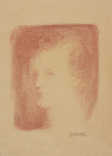 grafika: portret - Ujęcie z przodu. Na arkuszu beżowego papieru w układzie pionowym studium portretowe w sepii głowy młodej kobiety wyłaniającej się z ciemnego tła, w ujęciu 3/4 z lewej.