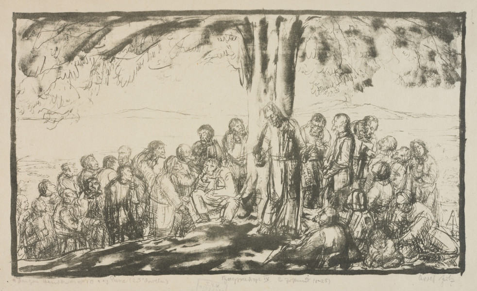 Ujęcie z przodu. Scena ukazuje Jezusa wygłaszajacego kazanie pod drzewem, pośrodku wzniesienia do dużej grupy otaczających go ludzi.