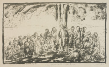 Ujęcie z przodu. Scena ukazuje Jezusa wygłaszajacego kazanie pod drzewem, pośrodku wzniesienia do dużej grupy otaczających go ludzi.