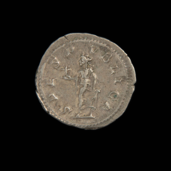 moneta; denar - Ujęcie rewersu. Moneta z wizerunkiem cesarza w wieńcu laurowym na awersie i kroczącą Nadzieją z kwiatem na rewersie.
