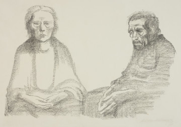 grafika: portret - Ujęcie z przodu. Przedstawienie dwojga siedzących starych osób, pogrążonych w smutku mężczyzny i kobiety, na arkuszu w układzie poziomym.