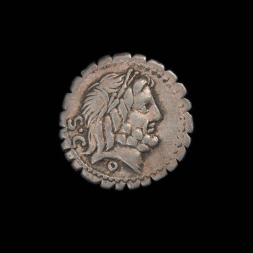 moneta; denar - Ujęcie awersu. Moneta z wizerunkiem Jupitera na awersie i Wiktorii na rydwanie czterokonnym na rewersie.
