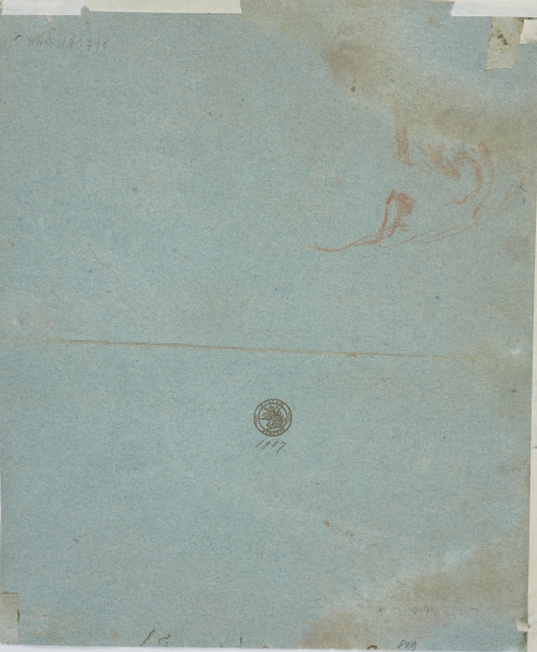 rysunek - ujęcie z tyłu; Na verso karty znajduje się wykonany brązową kredką zarys pochylonej twarzy męskiej ukazanej na wprost.
