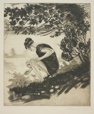 grafika: scena rodzajowa - Ujęcie z przodu.Przedstawienie młodej kobiety przykucniętej na brzegu akwanu wodnego, która czerpie wodę dłonią.
