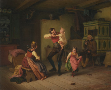 obraz - Ujęcie z przodu; Scena w izbie wiejskiego domu. Widoczne cztery postacie - po lewej siedząca kobieta, w środku mężczyzna stojący i trzymający na rękach małe dziecko, a na prawo od niego idąca dziewczynka. Nieco w tle, po prawej stronie starzec siedzący na ławie przy piecu.