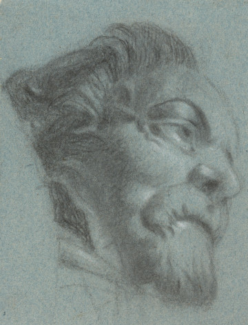 rysunek; głowa męska - ujęcie z przodu; Rysunek w układzie pionowym na karcie niebieskiego, prostokątnego papieru weneckiego przedstawia studium głowy męskiej o zaczesanych do tyłu, ciemnych włosach i krótkim, gęstym zaroście w typie 