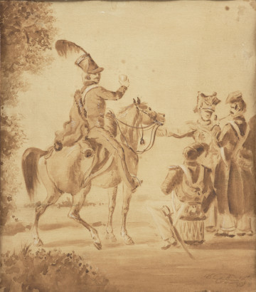 portret konny - ujęcie z przodu; od lewej zwrócony w prawo jeździec na koniu- na głowie czako z wysokim piórem, z lewego ramienia osuwająca się burka, w prawym ręku wzniesione naczynie, noga w strzemieniu. Po prawej ujęty z tyłu żołnierz siedzący na bębnie, naprzeciw niego stoi mężczyzna z wyciągniętą w bok prawą ręką, obok niego stojący bokiem mężczyzna z fajką o długim cybuchu. Horyzont zaznaczony na 1/3 wysokości kompozycji, po lewej wzdłuż krawędzi i w lewym dolnym narożu zaznaczona roślinność.