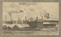 czarno-biała grafika prezentująca stocznię szczecińską - Ujęcie z przodu ilustracji. Widok budynków dziedzińca górnego stoczni 