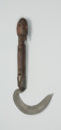 narzędzie rolnicze - Ujęcie z przodu z prawej strony. Sierp o kutym z żelaza, łukowatym ostrzu. Rączka drewniana, walcowata, zakończona rzeźbą główki z brodą w formie nacinanego liniami walca.