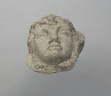 głowa - Ujęcie z góry; Z nieregularnego bloku szarożółtego kamienia wyłoniona twarz kobieca o grubych rysach, z czołem przykrytym falistymi włosami.