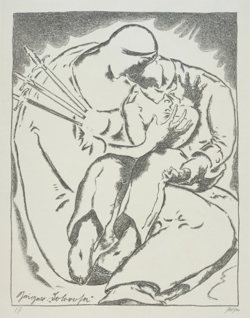Ujęcie z przodu. Nawiązująca do przedstawień piety, symboliczna kompozycja z siedzącą kobietą trzymającą ciało matwego żołnierza na kolanach. W jej pierś wbite sa trzy miecze, a obie postacie otacza świetlista aureola.