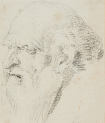 rysunek; Głowa starego mężczyzny - ujęcie z przodu; Rysunek w układzie pionowym na karcie białego, prostokątnego papieru o proporcjach zbliżonych do kwadratu przedstawia szkic głowy starca ujętej z lewego profilu. Mężczyzna z długim, obwisłym nosem; zaciśniętymi wargami, ze szczeliną w kąciku ust; łysiną nad czołem i bujnymi lokami z tyłu głowy; krótkowzrocznie marszczy oczy pod nawisłymi brwiami. Prawdopodobnie jest to szkic przygotowawczy do postaci urzędnika z mieczem na ramieniu stojącego u stóp tronu Fryderyka Barbarossy na fresku Inwestytura biskupa Würzburga Harolda, czyli nadanie mu w lenno księstwa Frankonii przez cesarza Fryderyka Barbarossę na sejmie Rzeszy w Würzburgu w 1168 roku zdobiącym Salę Cesarską rezydencji biskupiej w Würzburgu.