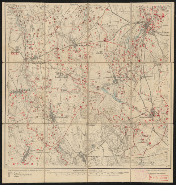 Mapa drukowana 1061 Daber II - Ujęcie z przodu; Mapę 1061 Daber II opracowano w 1890, wydano w 1892, a dodrukowano w 1912 roku. Obejmuje obszar w pobliżu miejscowości Daber, Kreis Naugard, Reg. Bez. Stettin, Prov. Pommern, dziś Dobra (Nowogardzka), pow. łobeski, woj. zachodniopomorskie, Polska. Jest jedynym zachowanym egzemplarzem arkusza przedwojennej mapy topograficznej oznaczonego godłem 1061, zawierającym dane o lokalizacji obiektów i ich nazw w zasobie archiwalnym Flurnamen Sammlung. Na drukowanej mapie ręcznie naniesiono warstwę z numeracją obiektów fizjograficznych odnoszących się do miejscowości: Walsleben, dziś Korytowo; Voigtshagen, dziś Wojtaszyce; Plantikow, dziś Błądkowo; Kramonsdorf, dziś Krzemienna; Daber; Pagenkopf, dziś Bagna; Schönwalde, dziś Mokre; Weitenhagen, dziś Grzęzno; Breitenfelde, dziś Dobropole; Harmelsdorf, dziś Nastazin.