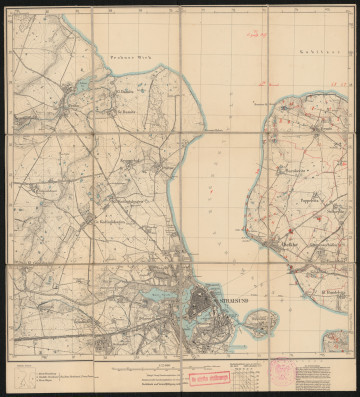 drukowana mapa 372 Stralsund II - Ujęcie z przodu; Mapę 372 Stralsund II opracowano w 1885, a skorygowano i wydano w 1925 roku. Obejmuje obszar w pobliżu miejscowości Stralsund, Stadtkreis Stralsund, Reg. Bez. Stralsund, Prov. Pommern, dziś Kreis Vorpommern-Rügen, Bundesland Mecklenburg-Vorpommern, Niemcy. Jest jedynym zachowanym egzemplarzem arkusza przedwojennej mapy topograficznej oznaczonego godłem 372, zawierającym dane o lokalizacji obiektów i ich nazw w zasobie archiwalnym Flurnamen Sammlung. Na drukowanej mapie ręcznie naniesiono warstwę z numeracją obiektów fizjograficznych odnoszących się do miejscowości: Bessin, Barnkevitz, Altefähr, Gustrowerhöfen, Grahlhof.