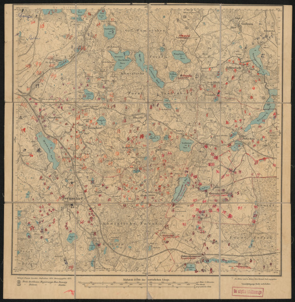 drukowana mapa 533 Bernsdorf I - Ujęcie z przodu; Mapę 533 Bernsdorf I opracowano w 1875, a wydano w 1877 roku. Obejmuje obszar w pobliżu miejscowości Bernsdorf, Kreis Bütow, Reg. Bez. Köslin, Prov. Pommern, dziś Ugoszcz, pow. bytowski, woj. pomorskie, Polska. Jest jedynym zachowanym egzemplarzem arkusza przedwojennej mapy topograficznej oznaczonego godłem 533, zawierającym dane o lokalizacji obiektów i ich nazw w zasobie archiwalnym Flurnamen Sammlung. Na drukowanej mapie ręcznie naniesiono warstwę z numeracją obiektów fizjograficznych odnoszących się do miejscowości: Gr. Zechinen, dziś Cechyny; Jelentsch, dziś Jeleńcz; Mankwitz, dziś Mądrzechowo; Gersdorf, dziś Ząbinowice; Bernsdorf, dziś Ugoszcz; Lonken, dziś Łąkie; Gröbenzin, dziś Rabacino; Gr., Kl. Polschen, dziś Półczno, Półczenko; Czarndamerow (Sonnenwalde), dziś Czarna Dąbrowa; Oslawdamerow (Rudolfswalde), dziś Osława-Dąbrowa.