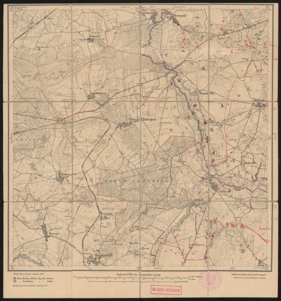 drukowana mapa 603 Gützlaffshagen II - Ujęcie z przodu; Mapę 603 Gützlaffshagen II wydano w 1891, a dodrukowano w 1924 roku. Obejmuje obszar w pobliżu miejscowości Gützlaffshagen, Kreis Greifenberg, Reg. Bez. Stettin, Prov. Pommern, dziś Gosław, pow. gryficki, woj. zachodniopomorskie, Polska. Jest jednym z dwóch zachowanych egzemplarzy arkusza przedwojennej mapy topograficznej oznaczonego godłem 603 (ale inne wydanie), zawierającym dane o lokalizacji obiektów i ich nazw w zasobie archiwalnym Flurnamen Sammlung. Na drukowanej mapie ręcznie naniesiono warstwę z numeracją obiektów fizjograficznych odnoszących się do miejscowości: Drenow, dziś Drzonowo; Nehmer, dziś Niemierze; Gandelin, dziś Kędrzyno; Büssow, dziś Byszewo; Mohrow, dziś Morowo; Schwedt, dziś Świecie Kołobrzeskie; Althof, dziś Petrykozy; Gervin, dziś Gorawino.