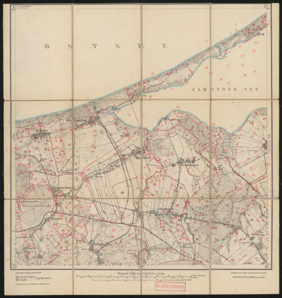 drukowana mapa 447 Grossmöllen I - Ujęcie z przodu; Mapę 447 Grossmöllen I opracowano w 1889, a dodrukowano w 1924 roku. Obejmuje obszar w pobliżu miejscowości Gr. Möllen, Kreis Köslin, Reg. Bez. Köslin, Prov. Pommern, dziś Mielno, pow. koszaliński, woj. zachodniopomorskie, Polska. Jest jedynym zachowanym egzemplarzem arkusza przedwojennej mapy topograficznej oznaczonego godłem 447, zawierającym dane o lokalizacji obiektów i ich nazw w zasobie archiwalnym Flurnamen Sammlung. Na drukowanej mapie ręcznie naniesiono warstwę z numeracją obiektów fizjograficznych odnoszących się do miejscowości: Nest, dziś Unieście; Deep, dziś Czajcze †; Gr., Kl. Möllen, dziś Mielno, Mielenko; Kasimirsburg, dziś Kazimierz Pomorski; Streitz, dziś Strzeżenice; Neuenhagen, dziś Dobiesławiec; Puddemsdorf, dziś Podamirowo; Jamund, dziś Jamno; Bast, dziś Łekno; Todenhagen, dziś Dobre; Güdenhagen, dziś Mścice; Köslin, dziś Koszalin.