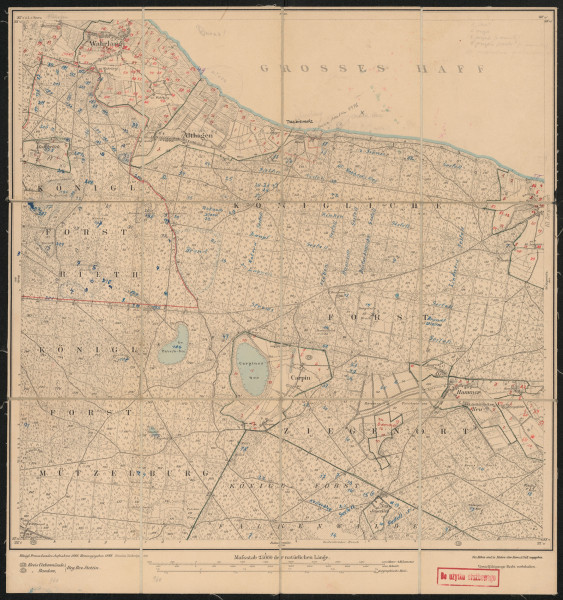 Mapa drukowana 960 Althagen I - Ujęcie z przodu; Mapę 960 Althagen I opracowano w 1886, wydano w 1888, a dodrukowano w 1911 roku. Obejmuje obszar w pobliżu miejscowości Althagen, Kreis Ueckermünde, Reg. Bez. Stettin, Prov. Pommern, dziś Brzózki, pow. policki, woj. zachodniopomorskie, Polska. Jest jedynym egzemplarzem arkusza przedwojennej mapy topograficznej oznaczonego godłem 960, zawierającym dane o lokalizacji obiektów i ich nazw w zasobie archiwalnym Flurnamen Sammlung. Na drukowanej mapie ręcznie naniesiono warstwę z numeracją obiektów fizjograficznych odnoszących się do miejscowości: Wahrlang, dziś Warnołęka; Moorbrück, dziś Mszczuje; Althagen; Carpin (Karpin), dziś Karpin; Alt, Neu Hammer, dziś Drogoradz; Neu Jasenitz, dziś Nowa Jasienica.