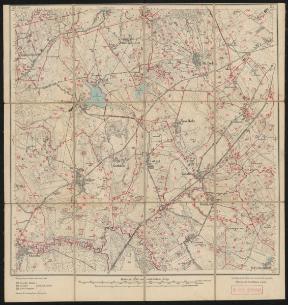 drukowana mapa 524 Alt Belz I - Ujęcie z przodu; Mapę 524 Alt Belz I opracowano w 1889, a dodrukowano w 1924 roku. Obejmuje obszar w pobliżu miejscowości Alt Belz, Landkreis Köslin, Reg. Bez. Köslin, Prov. Pommern, dziś Stare Bielice, pow. koszaliński, woj. zachodniopomorskie, Polska. Jest jednym z dwóch zachowanych egzemplarzy arkusza przedwojennej mapy topograficznej oznaczonego godłem 524, zawierającym dane o lokalizacji obiektów i ich nazw w zasobie archiwalnym Flurnamen Sammlung. Na drukowanej mapie ręcznie naniesiono warstwę z numeracją obiektów fizjograficznych odnoszących się do miejscowości: Poppenhagen, dziś Popowo; Parnow, dziś Parnowo; Tessin, dziś Cieszyn; Plümenhagen, dziś Gniazdowo; Todenhagen, dziś Dobre; Alt, Neu Belz, dziś Stare, Nowe Bielice; Köslin, dziś Koszalin; Biziker, dziś Biesiekierz; Kothlow, dziś Kotłowo; Latzig, dziś Laski (Koszalińskie); Gieskow, dziś Giezkowo; Neuklenz, dziś Niekłonice; Nassow, dziś Nosowo; Thunow, dziś Dunowo; Geritz, dziś Jarzyce; Schwessin, dziś Świeszyno; Streckenthin, dziś Strzekęcino.