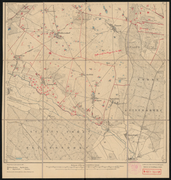 Mapa drukowana 1404 Cunow II - Ujęcie z przodu; Mapę 1404 Cunow II opracowano w 1888, wydano w 1890, a dodrukowano w 1912 roku. Obejmuje obszar w pobliżu miejscowości Cunow (Kunow), Kreis Randow, Reg. Bez. Stettin, Prov. Pommern, dziś Kreis Uckermark, Bundesland Brandenburg, Niemcy. Jest jedynym zachowanym egzemplarzem arkusza przedwojennej mapy topograficznej oznaczonego godłem 1404, zawierającym dane o lokalizacji obiektów i ich nazw w zasobie archiwalnym Flurnamen Sammlung. Na drukowanej mapie ręcznie naniesiono warstwę z numeracją obiektów fizjograficznych odnoszących się do miejscowości: Jamickow, Woltersdorf, Hohenselchow, Cummerow, Cunow.