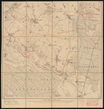 Mapa drukowana 1404 Cunow II - Ujęcie z przodu; Mapę 1404 Cunow II opracowano w 1888, wydano w 1890, a dodrukowano w 1912 roku. Obejmuje obszar w pobliżu miejscowości Cunow (Kunow), Kreis Randow, Reg. Bez. Stettin, Prov. Pommern, dziś Kreis Uckermark, Bundesland Brandenburg, Niemcy. Jest jedynym zachowanym egzemplarzem arkusza przedwojennej mapy topograficznej oznaczonego godłem 1404, zawierającym dane o lokalizacji obiektów i ich nazw w zasobie archiwalnym Flurnamen Sammlung. Na drukowanej mapie ręcznie naniesiono warstwę z numeracją obiektów fizjograficznych odnoszących się do miejscowości: Jamickow, Woltersdorf, Hohenselchow, Cummerow, Cunow.