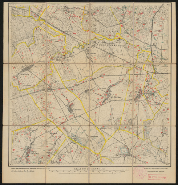 drukowana mapa 379 Karwitz II - Ujęcie z przodu; Mapę 379 Karwitz II opracowano w 1889, wydano w 1891, a dodrukowano w 1911 roku. Obejmuje obszar w pobliżu miejscowości Karwitz, Kreis Schlawe, Reg. Bez. Köslin, Prov. Pommern, dziś Karwice, pow. sławieński, woj. zachodniopomorskie, Polska. Jest jedynym zachowanym egzemplarzem arkusza przedwojennej mapy topograficznej oznaczonego godłem 379, zawierającym dane o lokalizacji obiektów i ich nazw w zasobie archiwalnym Flurnamen Sammlung. Na drukowanej mapie ręcznie naniesiono warstwę z numeracją obiektów fizjograficznych odnoszących się do miejscowości: Alt, Neu Järshagen, dziś Stary, Nowy Jarosław; Rötzenhagen, dziś Boleszewo; Alt Krakow, dziś Stary Kraków; Alt Schlawin, dziś Słowino; Karwitz, dziś Karwice; Alt, Neu Ristow, dziś Rzyszczewo, Rzyszczewko; Alt, Neu Ristow Bewersdorf, dziś Bobrowice, Bobrowiczki; Malchow, dziś Malechowo; Neu Parpart, dziś Paprotki; Schmarsow, dziś Smardzewo.