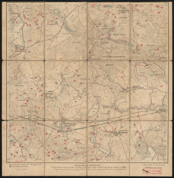 Mapa drukowana 1065 Zülshagen I - Ujęcie z przodu; Mapę 1065 Zülshagen I opracowano w 1875, wydano w 1877, a dodrukowano w 1911 roku. Obejmuje obszar w pobliżu miejscowości Zülshagen, Kreis Dramburg, Reg. Bez. Köslin, Prov. Pommern, dziś Suliszewo (Drawskie), pow. drawski, woj. zachodniopomorskie, Polska. Jest jedynym zachowanym egzemplarzem arkusza przedwojennej mapy topograficznej oznaczonego godłem 1065, zawierającym dane o lokalizacji obiektów i ich nazw w zasobie archiwalnym Flurnamen Sammlung. Na drukowanej mapie ręcznie naniesiono warstwę z numeracją obiektów fizjograficznych odnoszących się do miejscowości: Schilde, dziś Żółte; Sarranzig, dziś Zarańsko; Gr. Grünow, dziś Gronowo; Dranzig, dziś Drzeńsko; Dalow, dziś Dalewo; Friedrichsdorf, dziś Darskowo; Dramburg, dziś Drawsko Pomorskie; Baumgarten, dziś Gudowo; Birkholz, dziś Kosobudy.