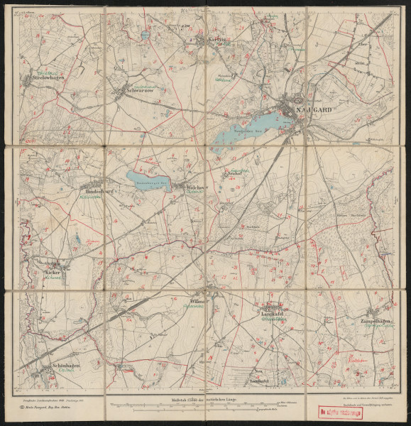 Mapa drukowana 964 Naugard I - Ujęcie z przodu; Mapę 964 Naugard I opracowano i wydano w 1889, a dodrukowano w 1919 roku. Obejmuje obszar w pobliżu miejscowości Naugard, Kreis Naugard, Reg. Bez. Stettin, Prov. Pommern, dziś Nowogard, pow. goleniowski, woj. zachodniopomorskie, Polska. Jest jedynym egzemplarzem arkusza przedwojennej mapy topograficznej oznaczonego godłem 964, zawierającym dane o lokalizacji obiektów i ich nazw w zasobie archiwalnym Flurnamen Sammlung. Na drukowanej mapie ręcznie naniesiono warstwę z numeracją obiektów fizjograficznych odnoszących się do miejscowości: Strelowhagen, dziś Strzelewo; Schwarzow, dziś Świerczewo; Kartzig, dziś Karsk; Naugard; Hindenburg, dziś Kościuszki; Kicker, dziś Kikorze; Wolchow, dziś Olchowo; Neuhof, dziś Gardna; Schönhagen, dziś Osina; Wißmar, dziś Wyszomierz; Langkafel, dziś Długołęka; Zampelhagen, dziś Sąpolnica; Walsleben, dziś Korytowo.