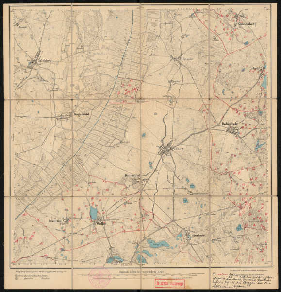 Mapa drukowana 1238 Hohenholz I - Ujęcie z przodu; Mapę 1238 Hohenholz I opracowano w 1887, wydano w 1888, a skorygowano w 1911 roku. Obejmuje obszar w pobliżu miejscowości Hohenholz, Kreis Randow, Reg. Bez. Stettin, Prov. Pommern, dziś Kreis Vorpommern-Greifswald, Bundesland Mecklenburg-Vorpommern, Niemcy. Jest jedynym zachowanym egzemplarzem arkusza przedwojennej mapy topograficznej oznaczonego godłem 1238, zawierającym dane o lokalizacji obiektów i ich nazw w zasobie archiwalnym Flurnamen Sammlung. Na drukowanej mapie ręcznie naniesiono warstwę z numeracją obiektów fizjograficznych odnoszących się do miejscowości: Sonnenberg, Lebehn, Hohenholz, Penkun, Friedefeld, Wollin, Nadrensee, Radekow.